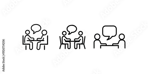 Two people icons sitting at table having conversation business meeting discussion chat dialog icon set with speech bubbles isolated on white background vector illustration