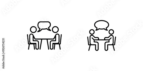 Two people icons sitting at table engaged in conversation with speech bubbles discussion dialog chat business meeting icons isolated on white background vector