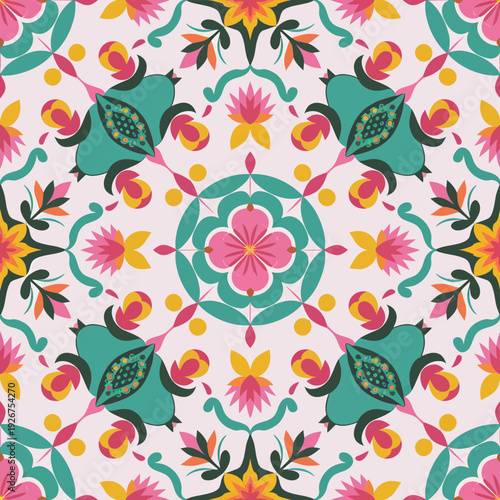 vector seamless repeating rangoli pattern in flat vector style. The design features symmetrical geometric shapes, floral motifs, peacocks, lotus flowers, and traditional oil lamps (divas).