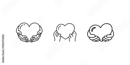Hands holding heart icons set for charity donation love care and support concept vector line art illustration representing kindness and social help design
