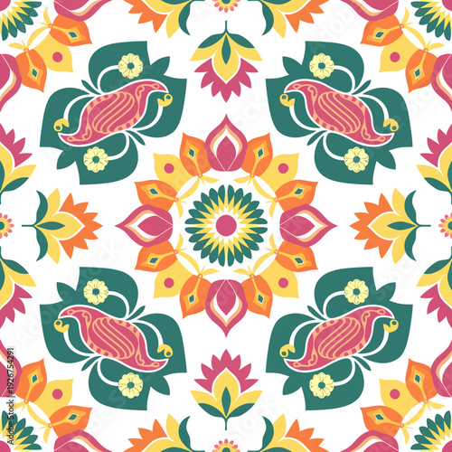 vector seamless repeating rangoli pattern in flat vector style. The design features symmetrical geometric shapes, floral motifs, peacocks, lotus flowers, and traditional oil lamps (divas).