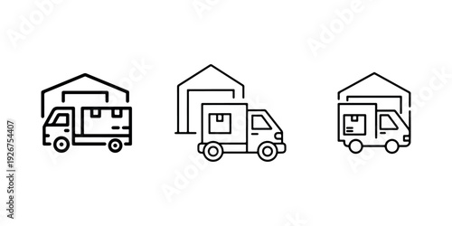 Set of line icons depicting truck delivery from warehouse, logistics and transportation services, modern outline style