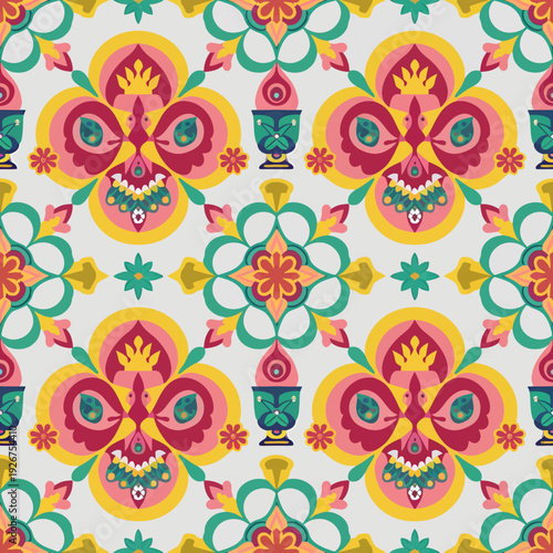 vector seamless repeating rangoli pattern in flat vector style. The design features symmetrical geometric shapes, floral motifs, peacocks, lotus flowers, and traditional oil lamps (divas).