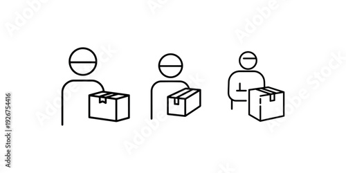 Set of line icons representing delivery person holding parcel box, showing shipping and logistics process, simple design