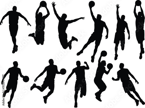 Black silhouettes of basketball players set, athletes jumping, dunking, dribbling, and shooting ball, professional sport action isolated on white background.