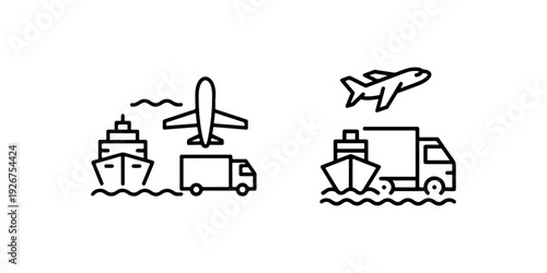 Set of line icons for multimodal shipping, combining ship truck and airplane for global logistics, transport services