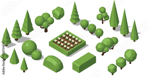 Isometric forest landscape vector illustration with various trees, bushes and farm garden elements for game design