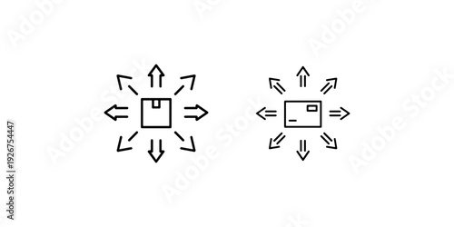 Distribution network icon with arrows pointing in multiple directions from central package representing omni-channel logistics and global supply chains