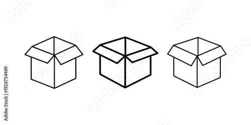 Open cardboard box icon set for packaging and storage concept simple black line art illustration for shipping parcel delivery warehouse supplies graphic