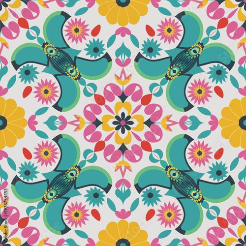 vector seamless repeating rangoli pattern in flat vector style. The design features symmetrical geometric shapes, floral motifs, peacocks, lotus flowers, and traditional oil lamps (divas).