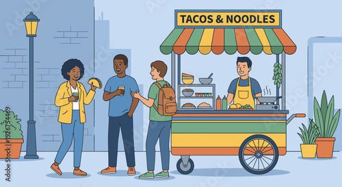 Diverse group of happy young friends eating tacos and noodles from a colorful street food cart in a city, enjoying a casual outdoor lunch together in a flat illustration style
