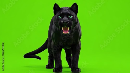 Majestic black panther with piercing blue eyes standing confidently on a bright green background
