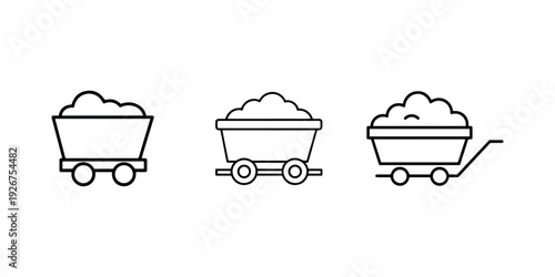 Mining cart filled with material vector icon set, simple line art mine wagon with ore outline illustration collection on white background