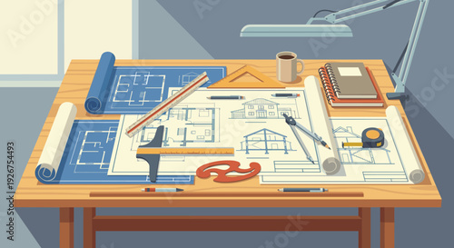 Professional architect's wooden drafting table with blueprints, house plans, a scale ruler, and compass for a building project, depicted in a clean flat vector illustration style
