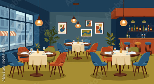 Empty modern restaurant interior with colorful chairs and set tables for dining in a cozy, elegant atmosphere with warm pendant lighting and a bar counter in the background