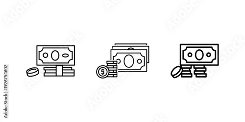 Money stacks icons set vector banknote coins pile cash finance saving investment wealth transaction earnings currency
