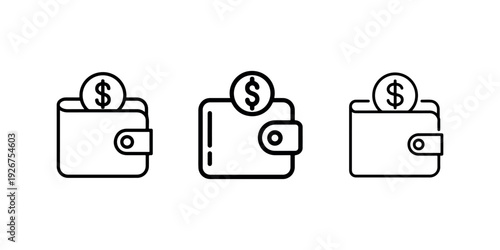 Wallet with money coin vector icon set showing cash storage financial transaction and personal budget management concept for banking and e-commerce designs