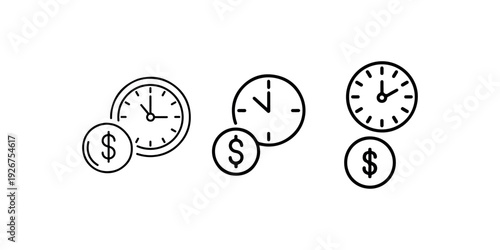 Time is money clock and coin vector icon set illustrating time management efficiency hourly rate payment and financial productivity concept for business use