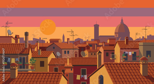 Flat vector illustration of a historic European cityscape with terracotta rooftops, antennas, and a cathedral dome silhouetted against a vibrant orange and purple sunset sky