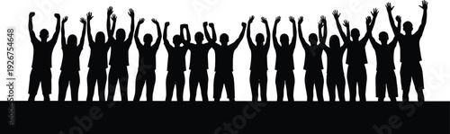 Silhouette people cheering, group celebration, unity crowd, raised arms, teamwork success, concert audience, sports fans, protest rally, collective support, community spirit