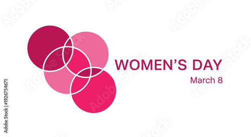 Women's Day March 8 text with overlapping pink circles graphic isolated on White Background