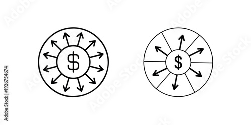 Money distribution icon. dollar sign with arrows dispersing in a circle, financial spreading concept, investment diversification
