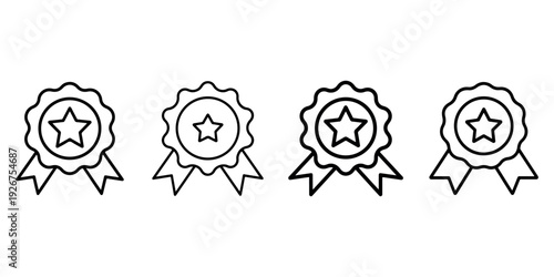 Four outline icons of rosettes with stars and ribbons representing awards achievements recognition and first place prizes