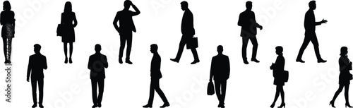 Black silhouettes of business professionals set, diverse men and women in suits walking, standing, and carrying briefcases isolated on white.