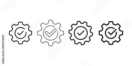 Four outline icons of gears with checkmarks inside set against a white background symbolizing successful process and quality control measures