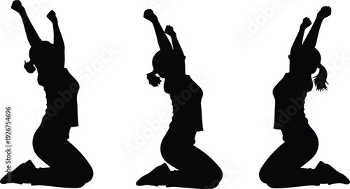 Silhouette person kneeling, raised arms, celebration pose, triumphant gesture, emotional movement, ponytail figure, victory illustration, expressive art, unity symbol, black design