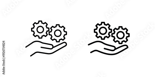 Two gears on hand icon vector illustration, business process and operational efficiency concept, engineering and control symbol