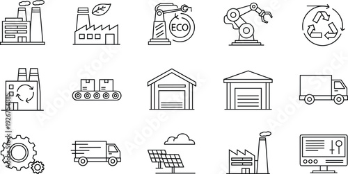 Industrial Manufacturing and Factory Line Icons Set with Robot Arm, Warehouse, Truck and Solar Panel