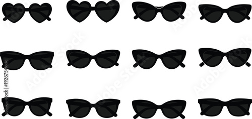 Sunglasses silhouettes, fashion eyewear, stylish frames, novelty designs, cat-eye glasses, heart-shaped sunglasses, modern shades, black icons, trendy accessory illustration