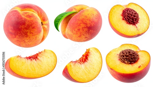 Fresh and Juicy Peaches - Whole and Sliced on White.