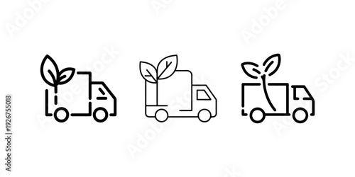 Eco friendly delivery truck icons with leaves symbolizing green transportation and sustainable shipping practices