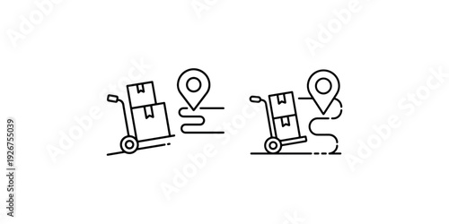 Delivery logistics service icon set showing hand truck with cardboard boxes and map location pin for shipping tracking transport and distribution business