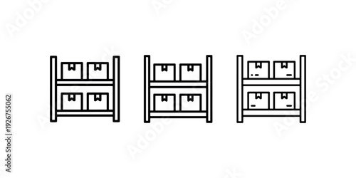 Warehouse storage shelves icon set with cardboard boxes on rack for logistics inventory management supply chain distribution and industrial storage solution