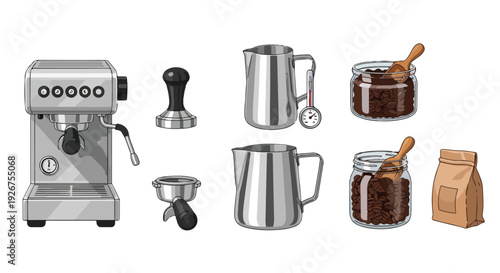 Flat lay of a coffee machine with accessories and coffee ingredients on a clean white background.