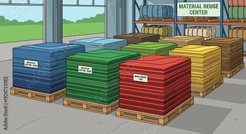 Sorted stacks of colorful recycled textile materials on wooden pallets inside a bright material reuse center, a vector illustration of a sustainable textile industry