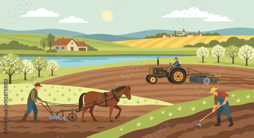 Farming evolution vector illustration showing traditional and modern agricultural methods, with a farmer using a horse plow and another driving a tractor in a scenic rural landscape