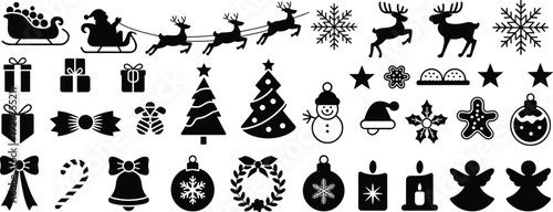 Black silhouettes of Christmas elements set, Santa Claus with reindeer sleigh, xmas trees, snowman, bells, and holiday ornaments isolated on white.