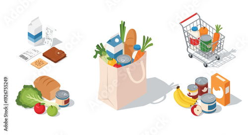 Flat lay illustration of grocery items including vegetables, fruits, and canned goods arranged around a shopping bag and cart on a white background.