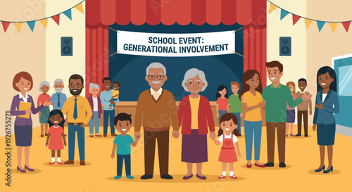 Large diverse multi-generational group of people with children, parents, and grandparents smiling together at a school community event in an auditorium