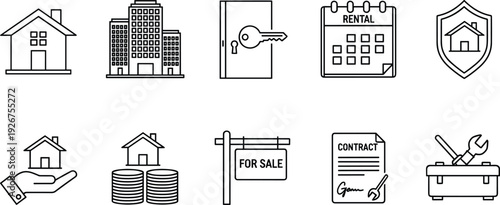 Real Estate and Property Line Icons Set with House, Rental Calendar, Contract and For Sale Sign