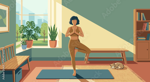 Young woman with dark hair practices yoga in a tree pose on a mat in her sunlit living room with a cat sleeping nearby, promoting wellness and balance