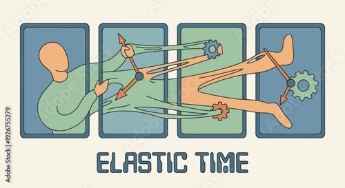 Elastic human figure being stretched by gears and clock hands across four panels, a conceptual illustration representing stress, burnout, and the subjective perception of time