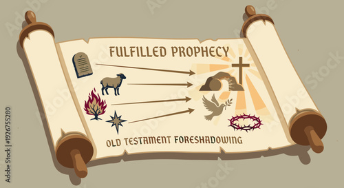 Ancient scroll infographic illustrating biblical prophecy, with Old Testament foreshadowing symbols leading to New Testament fulfillment concepts in a clean vector style on a solid background