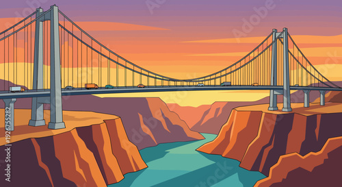 Large cartoon suspension bridge with traffic spanning a deep canyon with a river, illustrated in a clean vector style against a beautiful orange and purple sunset sky