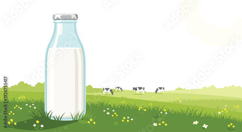 A glass bottle of fresh milk stands on a green grassy field with cows grazing in the background under a sunny sky in a rural landscape.