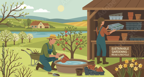 Man and woman reusing and recycling garden pots for sustainable planting in a beautiful rural landscape during a sunny spring day with an apple tree and flowers